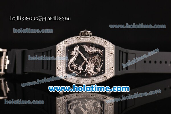 Richard Mille Tourbillon RM 057 Dragon Swiss ETA 2824 Automatic Steel&Diamonds Case with Black Rubber Strap and Silver Dragon Dial - 1:1 Original - Click Image to Close